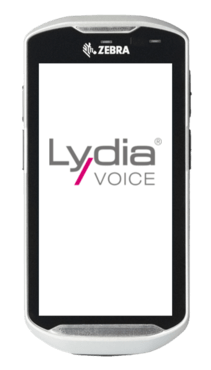 Zebra mobile device displaying Lydia Voice logo.