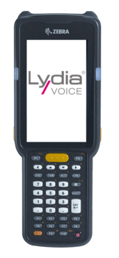Zebra handheld device with Lydia Voice software displayed.