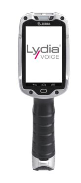Handheld device with Lydia Voice logo displayed.